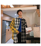 LAPPSTER Men Cotton Plaid Shirt Man Hip Hop Patchwork Button Up Long Sleeve