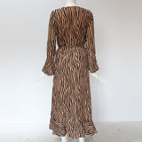 Zebra Print Beach Bohemian Maxi Dress Long Sleeve V Neck Ruffles Elegant Vestidos