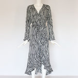 Zebra Print Beach Bohemian Maxi Dress Long Sleeve V Neck Ruffles Elegant Vestidos