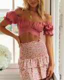 Women Summer Jessie Vinson Short Sleeve Off Shoulder Crop Top Blouse