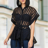 Women Transparent See Through Short Sleeves with Waist Belt Buttons Tops