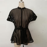 Women Transparent See Through Short Sleeves with Waist Belt Buttons Tops