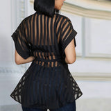Women Transparent See Through Short Sleeves with Waist Belt Buttons Tops
