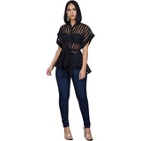 Women Transparent See Through Short Sleeves with Waist Belt Buttons Tops