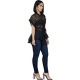 Women Transparent See Through Short Sleeves with Waist Belt Buttons Tops