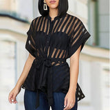 Women Transparent See Through Short Sleeves with Waist Belt Buttons Tops
