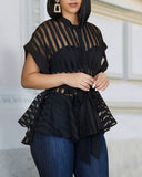 Women Transparent See Through Short Sleeves with Waist Belt Buttons Tops