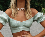 Women Summer Jessie Vinson Short Sleeve Off Shoulder Crop Top Blouse