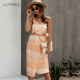 Women Summer Print Backless Sexy V Neck Sleeveless Cotton Dress