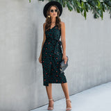 Women Summer Print Backless Sexy V Neck Sleeveless Cotton Dress