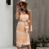 Women Summer Print Backless Sexy V Neck Sleeveless Cotton Dress