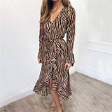 Zebra Print Beach Bohemian Maxi Dress Long Sleeve V Neck Ruffles Elegant Vestidos