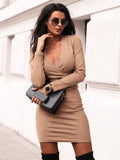 Elegant Long Sleeve Deep V Neck Jumper Dress Bodycon