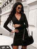 Elegant Long Sleeve Deep V Neck Jumper Dress Bodycon