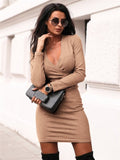 Elegant Long Sleeve Deep V Neck Jumper Dress Bodycon