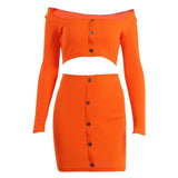 Sexy Off Shoulder Solid Button Bodycon 2 Piece Set Long Sleeve Top And Skirt