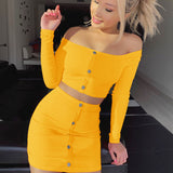 Sexy Off Shoulder Solid Button Bodycon 2 Piece Set Long Sleeve Top And Skirt