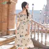 INMAN Summer Elegant Slash Collar Half Sleeve Mid Calf Floral Dress