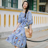INMAN Summer Elegant Slash Collar Half Sleeve Mid Calf Floral Dress