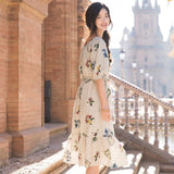 INMAN Summer Elegant Slash Collar Half Sleeve Mid Calf Floral Dress