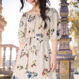 INMAN Summer Elegant Slash Collar Half Sleeve Mid Calf Floral Dress