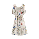 INMAN Summer Elegant Slash Collar Half Sleeve Mid Calf Floral Dress