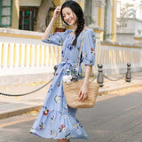 INMAN Summer Elegant Slash Collar Half Sleeve Mid Calf Floral Dress