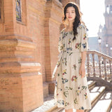 INMAN Summer Elegant Slash Collar Half Sleeve Mid Calf Floral Dress