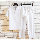 Summer fashion men shirt Man Cotton and linen shirts Short sleeve (Shirt + trousers)