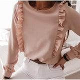 Women Ruffles Buttons OL Blouse O-Neck Long Sleeve Solid Tops