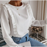 Women Ruffles Buttons OL Blouse O-Neck Long Sleeve Solid Tops