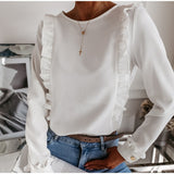 Women Ruffles Buttons OL Blouse O-Neck Long Sleeve Solid Tops