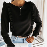 Women Ruffles Buttons OL Blouse O-Neck Long Sleeve Solid Tops