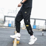 Men's Side Pockets Cargo Harem Pants Ribbons Black Hip Hop