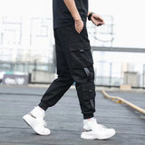 Men's Side Pockets Cargo Harem Pants Ribbons Black Hip Hop