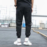 Men's Side Pockets Cargo Harem Pants Ribbons Black Hip Hop