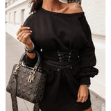 Sexy Women Mini Dress O Neck High Waist Long Sleeve