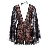 Summer Sexy Lace Rompers Women Deep V Neck Long Sleeve Bodysuit