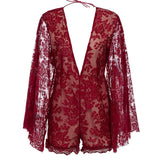Summer Sexy Lace Rompers Women Deep V Neck Long Sleeve Bodysuit