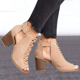 Women Square Heel Peep Toe Hollow Out Chunky Gladiator Sandals
