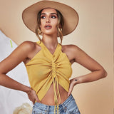 Sexy Lace Up Drawstring Ruched Crop Top Stretch Sleeveless V Neck Slim knitted