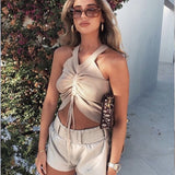 Sexy Lace Up Drawstring Ruched Crop Top Stretch Sleeveless V Neck Slim knitted