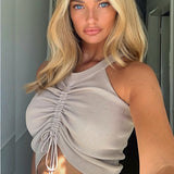 Sexy Lace Up Drawstring Ruched Crop Top Stretch Sleeveless V Neck Slim knitted