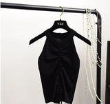 Sexy Lace Up Drawstring Ruched Crop Top Stretch Sleeveless V Neck Slim knitted