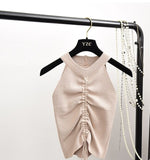 Sexy Lace Up Drawstring Ruched Crop Top Stretch Sleeveless V Neck Slim knitted
