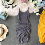 Women Solid Sling Knit Pullovers Slim Stylish Drawing String Dress