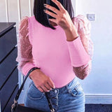 Mesh Patchwork Sexy Transparent Puff Sleeve Women's Polka Dot Bodysuit