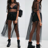 Summer Volie See Through Black Gauze Mesh Half Sleeve Lace Sundress