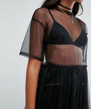 Summer Volie See Through Black Gauze Mesh Half Sleeve Lace Sundress