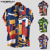 INCERUN Men Beach Shirt Geometric Print Short Sleeve Lapel Neck Button Leisure Hawaiian Shirts